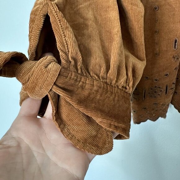 Madewell Embroidered Eyelet Ribbed Corduroy Tie-Sleeve Top in Warm Coffee Sz S - Picture 4 of 11
